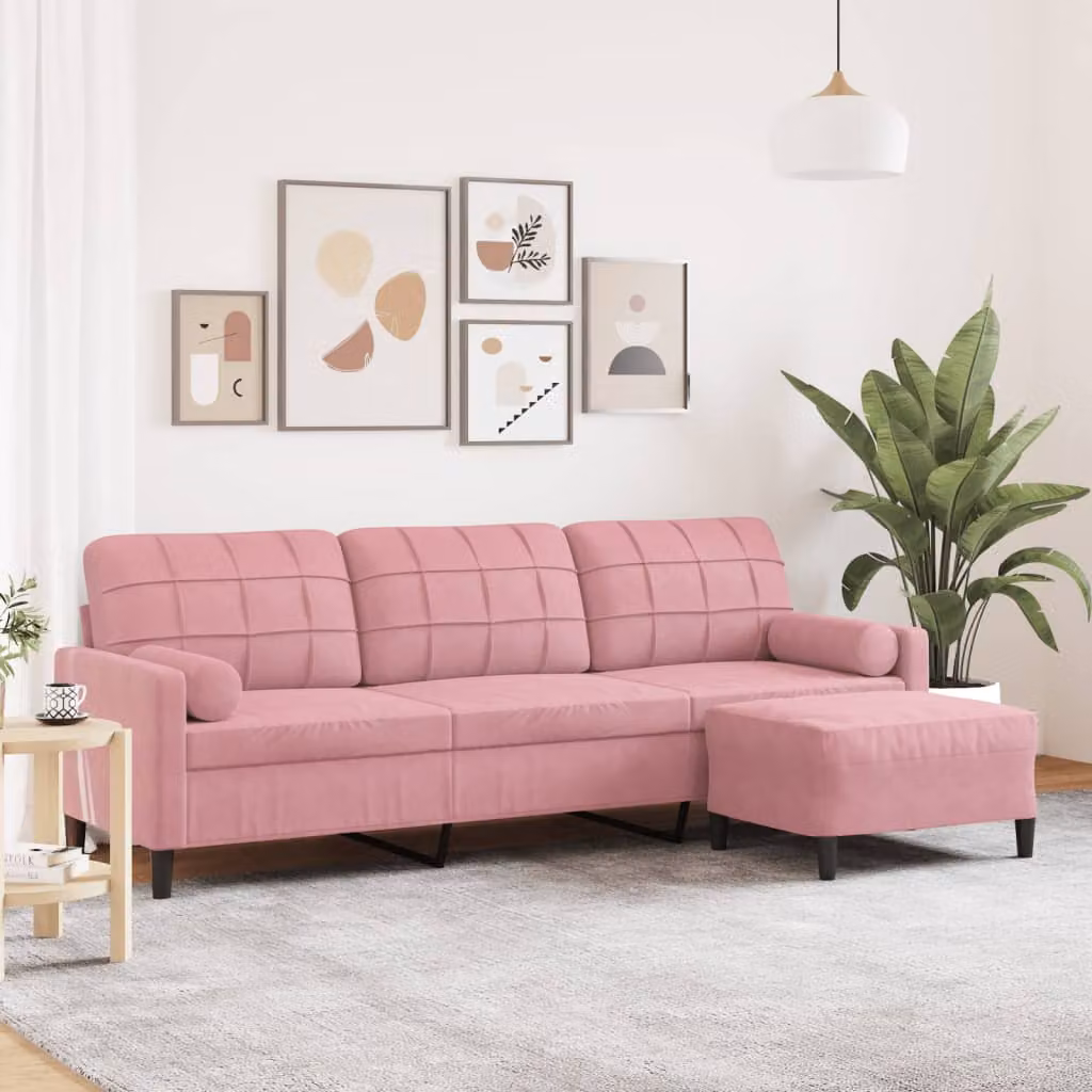 vidaXL Divano a 3 Posti in Velluto Rosa con Poggiapiedi Coordinato, Design Moderno e Struttura in Metallo e Legno – 1