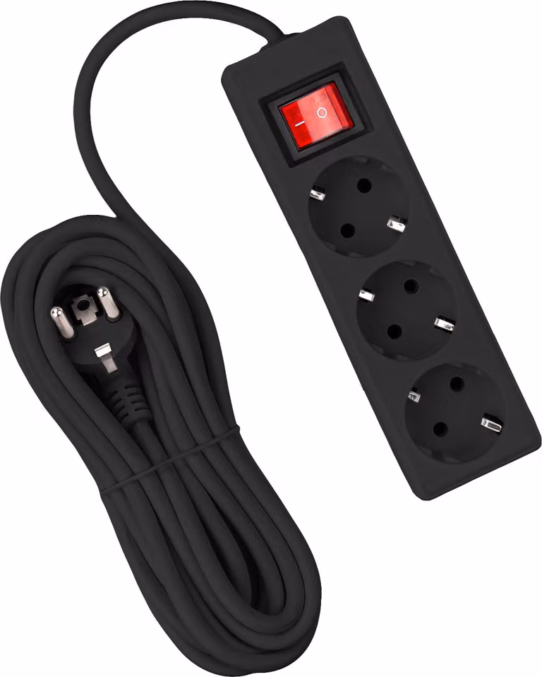 Presa multipla con interruttore e contatto di terra, presa multipla a 3 vie con cavo di prolunga di circa 5 metri - nero