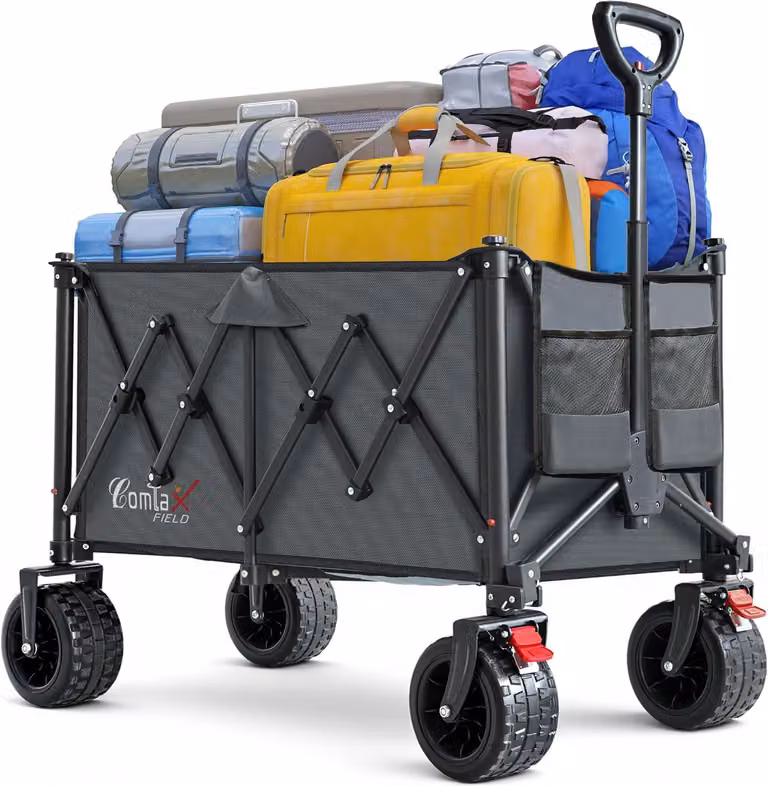 Carrello pieghevole, capacità di 200 litri, portata massima di 200 kg, con ruote larghe, ideale per giardinaggio e campeggio