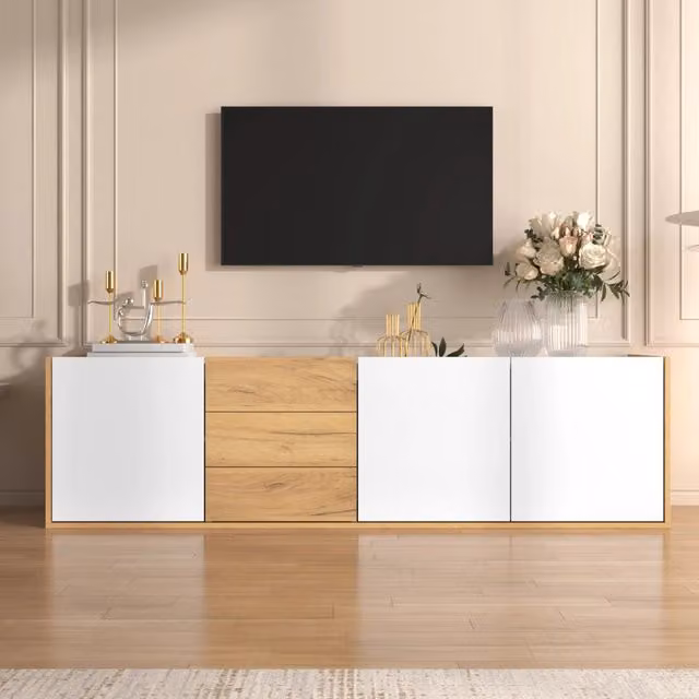 Mobile TV basso in bianco e legno - Zephmum- Appendibile o a pavimento