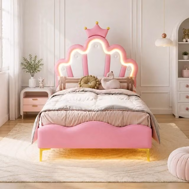 Letto singolo ULEVR 90x200 cm con testiera a corona, LED regolabili e rivestimento in similpelle rosa