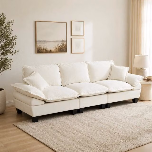 Divano modulare 3 posti 263 cm in ciniglia beige con braccioli removibili HOMVRA