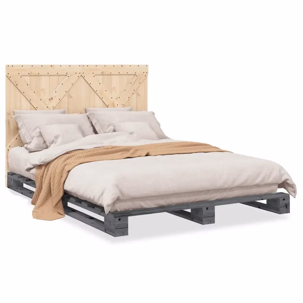 vidaXL Giroletto con Testiera in Tessuto Grigio e Struttura in Legno Massello di Pino L/P: 140 x 200 cm – 2