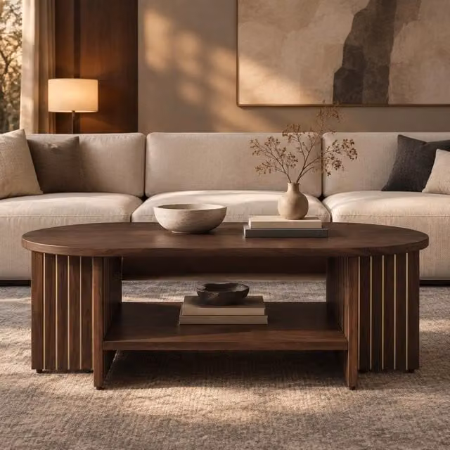 Tavolino da caffè ovale 100x49x35 cm in MDF color noce con ripiano inferiore