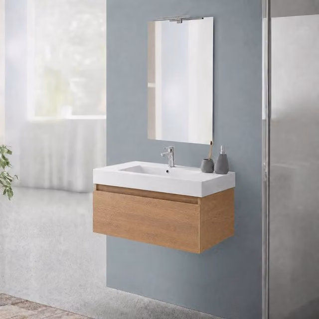 Mobile bagno sospeso 80 cm in rovere naturale con cassetto e lavabo in resina Nadia