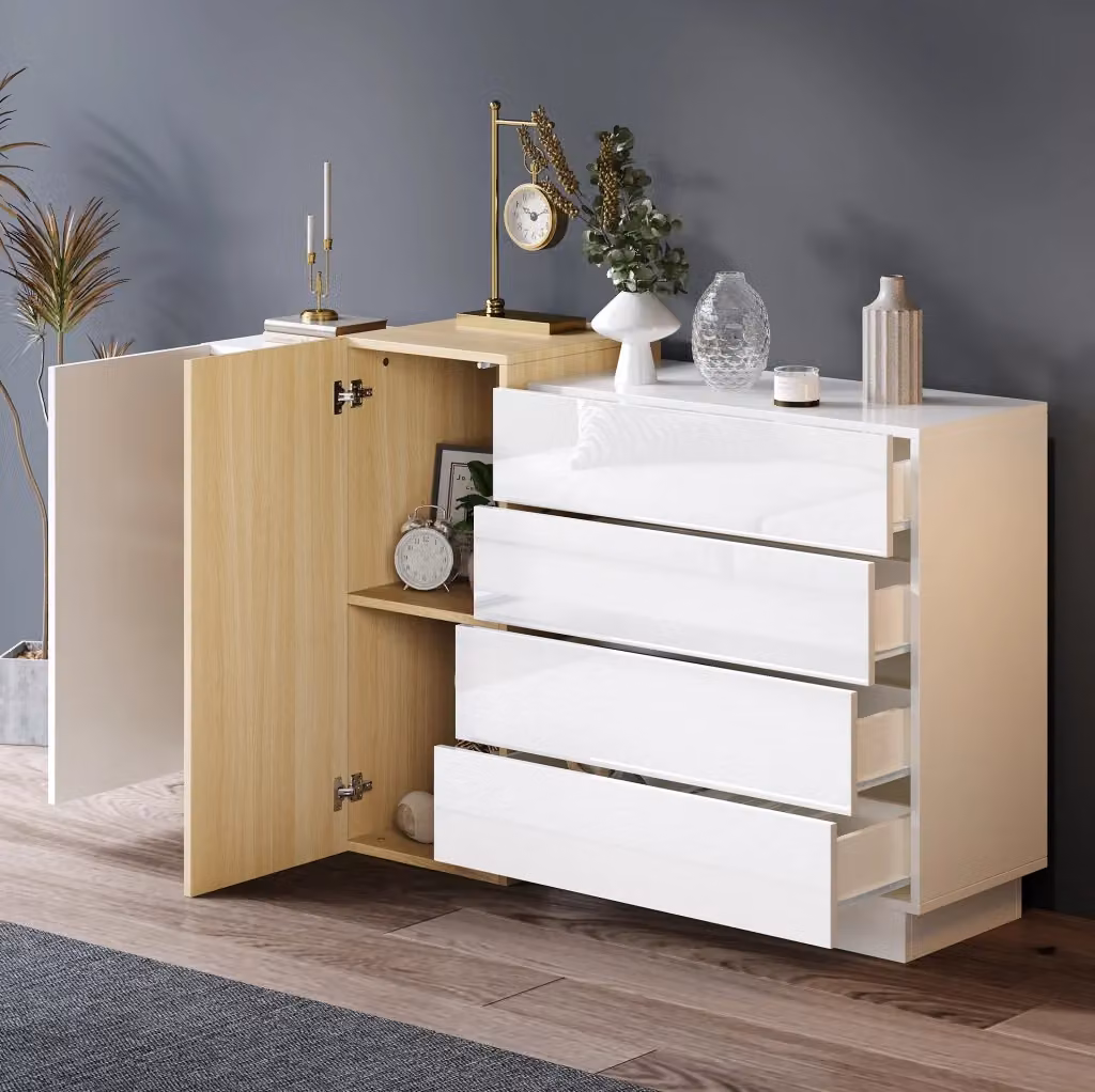 Credenza moderna bianca lucida con cassetti soft-close in MDF per soggiorno o camera da letto L: 140 cm, H: 76,5 cm – 2