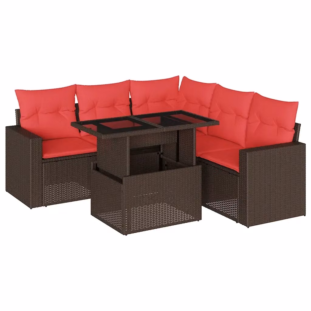 Set da giardino moderno vidaXL composto da 6 pezzi con divani a L, tavolino e cuscini marroni in polyrattan e struttura in metallo – 2