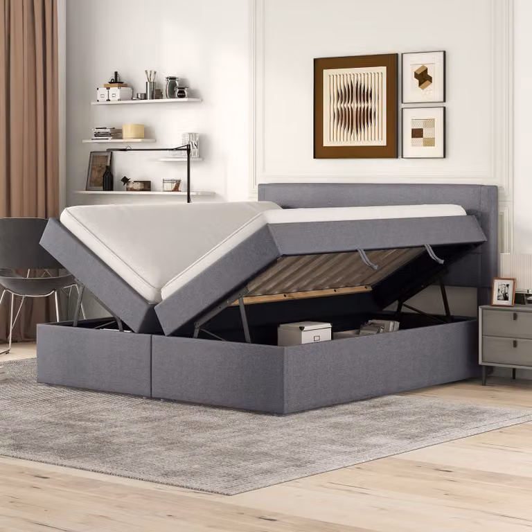 Letto a molle Merax 140x200cm con cassetti senza base, letto imbottito con rete a doghe in metallo e ampio spazio di archiviazione, letto matrimoniale, letto funzionale, grigio