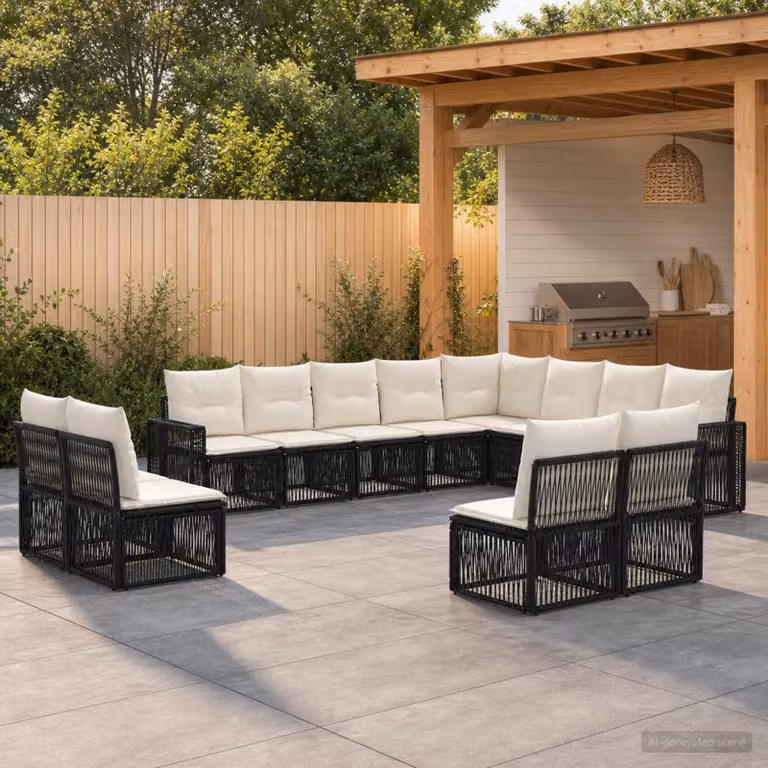 Set Divano da Giardino vidaXL a forma a U in Polyrattan con Cuscini, Nero e Bianco