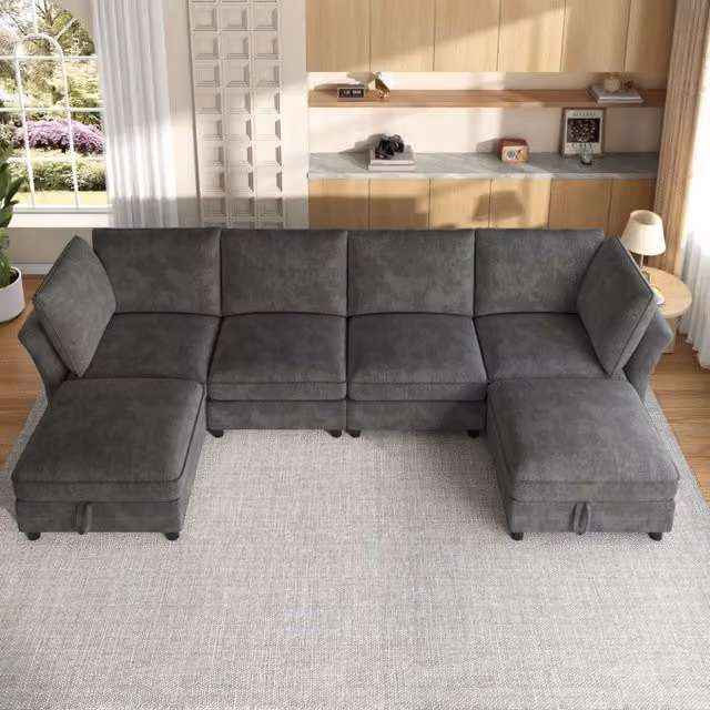 Divano angolare modulare ULEVR 289x137 cm a U o L con 2 pouf contenitore, chenille grigio