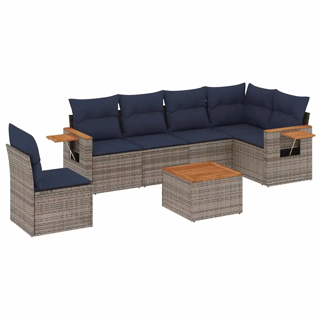 Set di divani da giardino vidaXL a forma di L composto da 7 pezzi in polyrattan con cuscini grigi e blu e tavolino da esterno – 2
