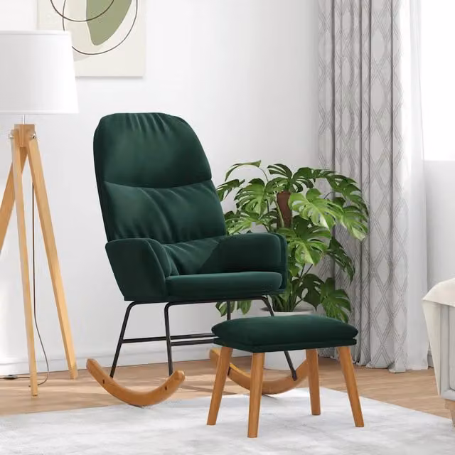Poltrona a Dondolo con Poggiapiedi vidaXL in Velluto Verde con Struttura in Legno e Metallo – 1