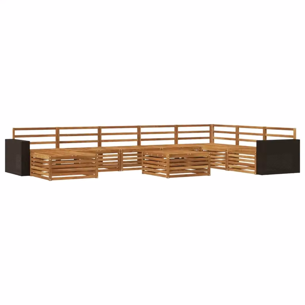 Set di divani da esterno a L vidaXL in legno di acacia massello marrone con 9 pezzi, inclusi tavolino da caffè, pouf e cuscini – 2