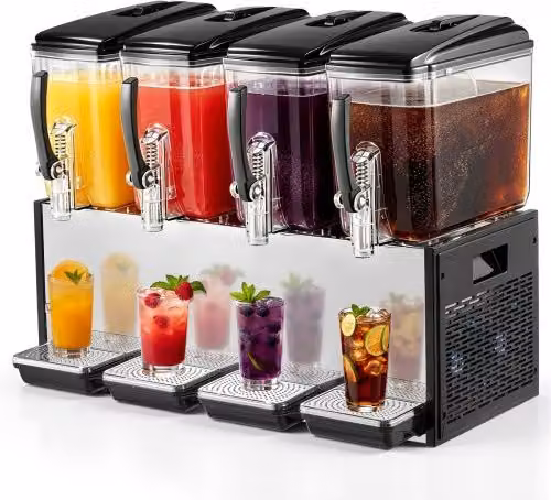 Dispenser di bevande fredde commerciale Vevor in acciaio inox color argento con 4 serbatoi da 12 l per succhi e tè freddo