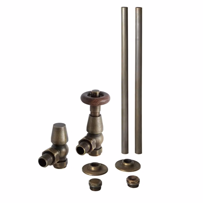 Paio di Valvole Tradizionali Termostatiche a Squadra con Finitura Effetto Nichel Satinato per Radiatore o Scaldasalviette per Tubi in Rame 15mm - Regent