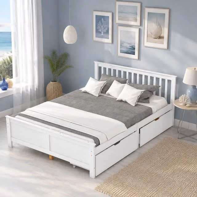 Letto matrimoniale ULEVR 140x200 cm con 2 cassetti su ruote, struttura in legno di pino e MDF, bianco