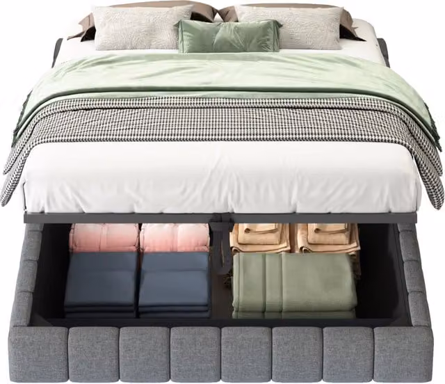 Letto matrimoniale 140x200 cm con contenitore idraulico; LED e struttura in metallo; grigio
