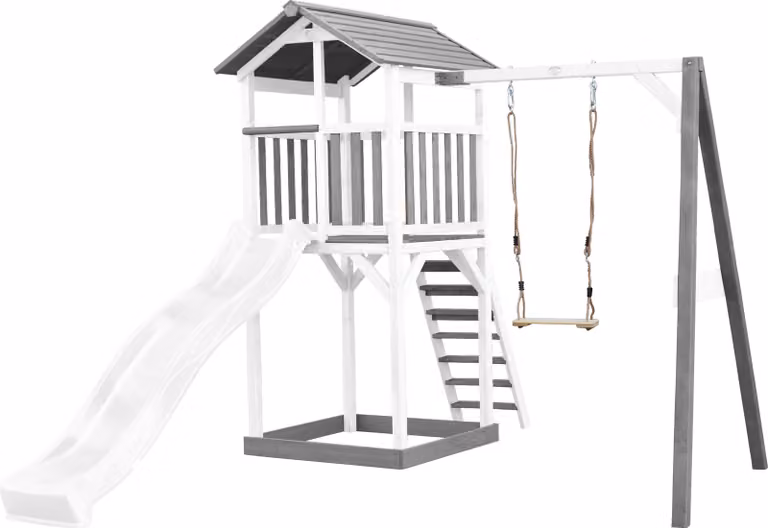 AXI Beach Tower parco giochi in legno in grigio e bianco | Torre da parco giochi con sabbiera, altalena e scivolo bianco | Casa per bambini su palafitte per il giardino