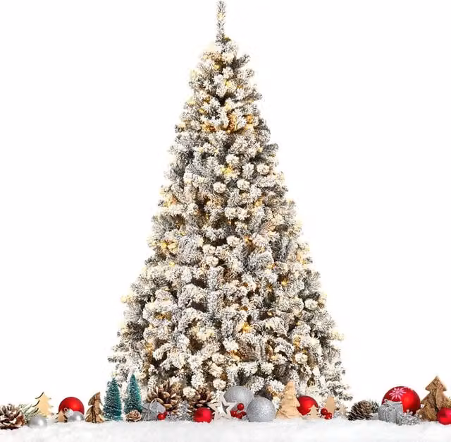 Albero di Natale Innevato COSTWAY con 450 Luci LED Bianco Caldo, 1010 Rami Folti in PVC e Base Metallica, Altezza: 225 cm