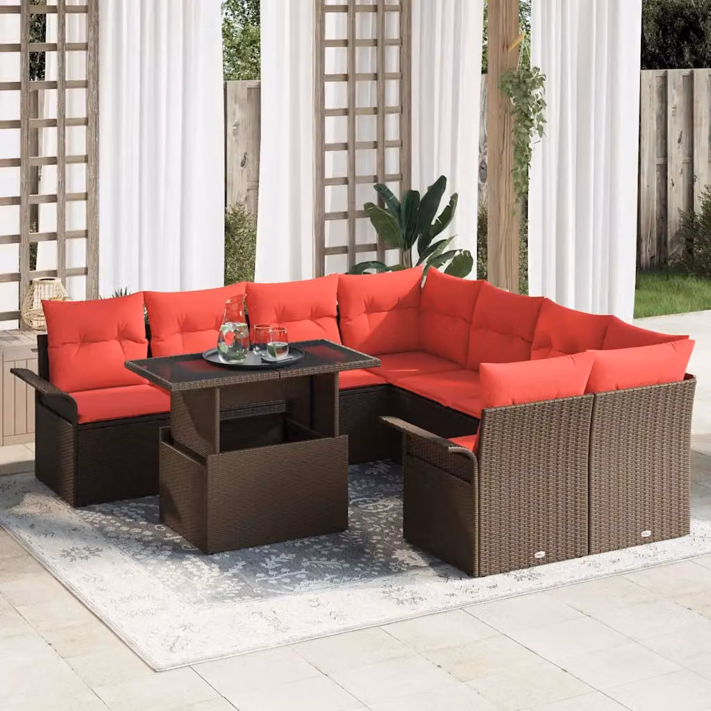 Set Divano da Giardino Moderno vidaXL 9 pz in Polyrattan e Legno di Acacia Marrone