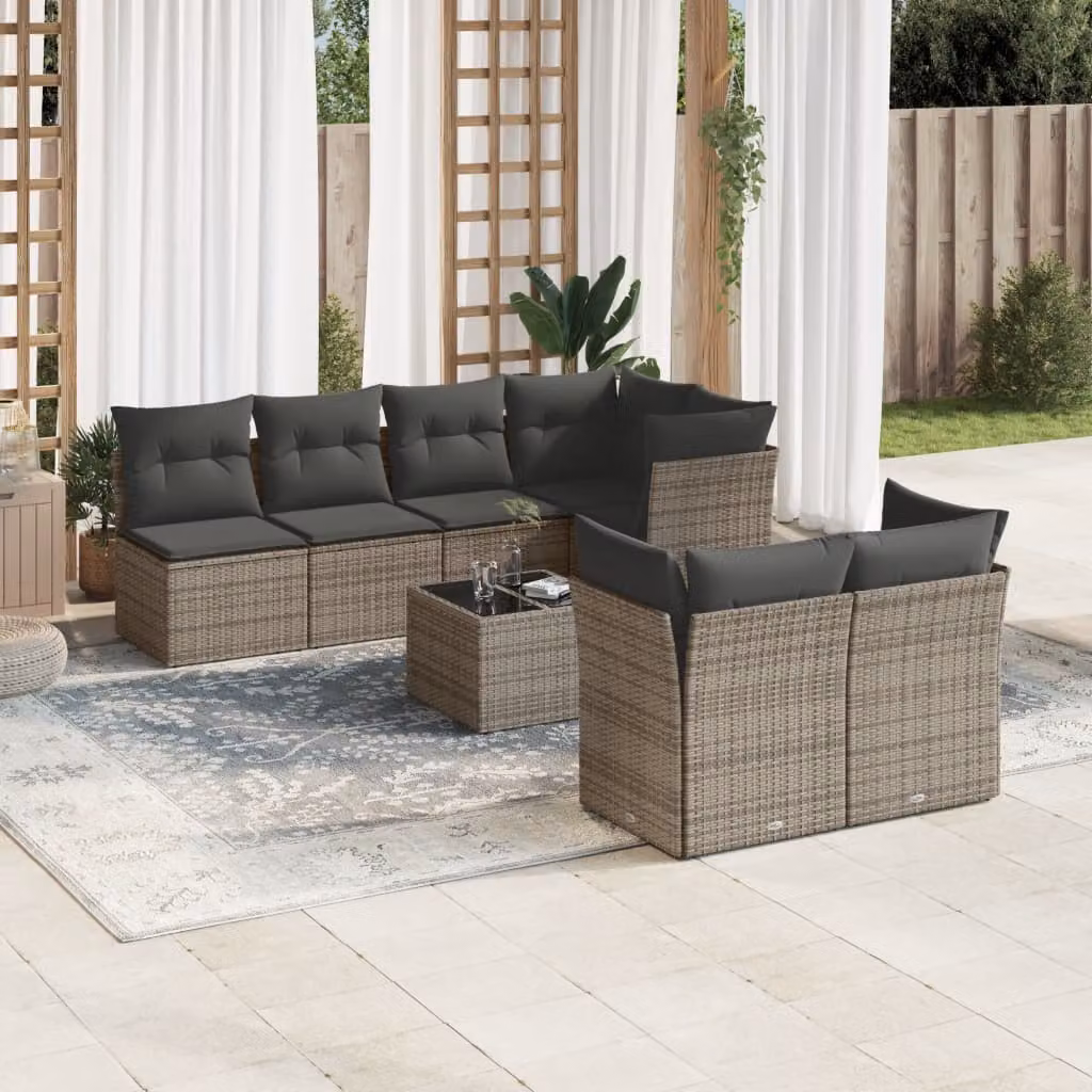 vidaXL Set Divano da Giardino 8 pz a L con Cuscini Grigio in Polyrattan e Tavolino da Caffè – 1