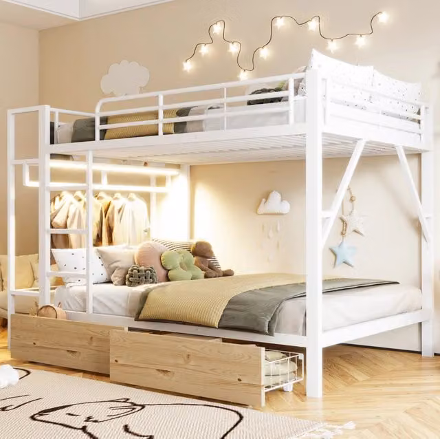 Letto a castello 140 x 200 cm con LED; 2 cassetti e ripiani in metallo e MDF; bianco