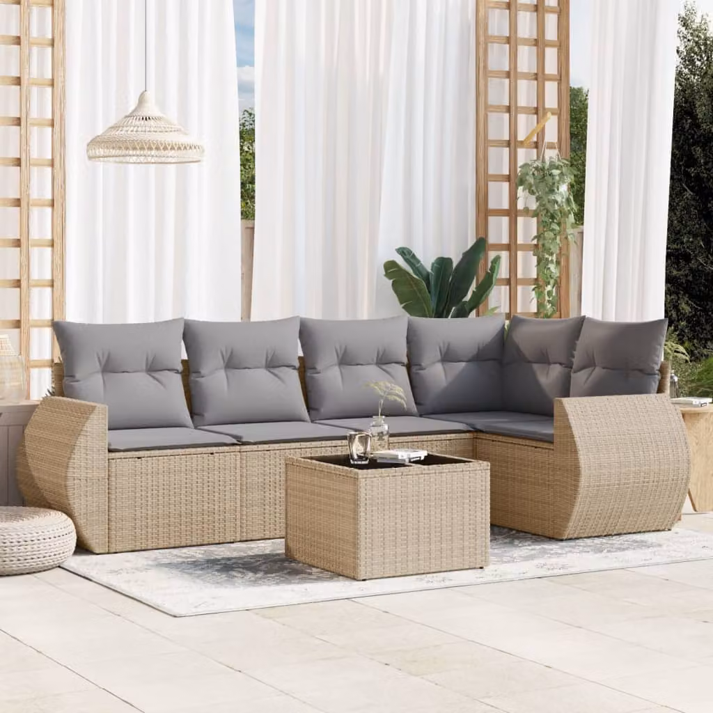 Set Divano da Giardino a L vidaXL 6 pz con Cuscini Beige e Tavolino in Polyrattan e Metallo – 1