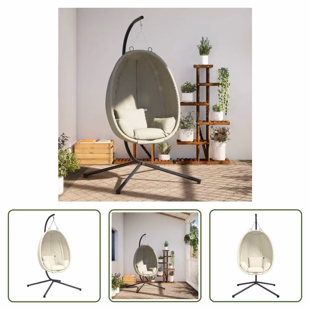 The Living Store Sedia sospesa Egg Design con supporto in tessuto e acciaio beige