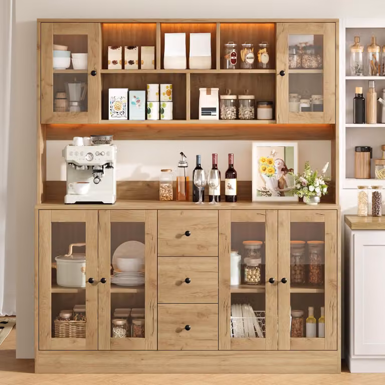 Abrihome, mobiletto multifunzionale per la cucina, 150 x 40 x 173 cm – mobiletto alto con illuminazione a LED, prese di corrente, 6 ante in acrilico e 3 cassetti, colore naturale