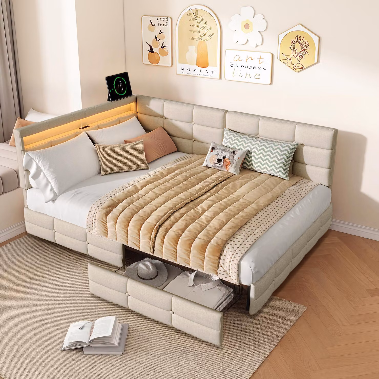 Letto 140x190 cm in lino beige, testiera a L, illuminazione a LED, USB/Type-C, 2 cassetti