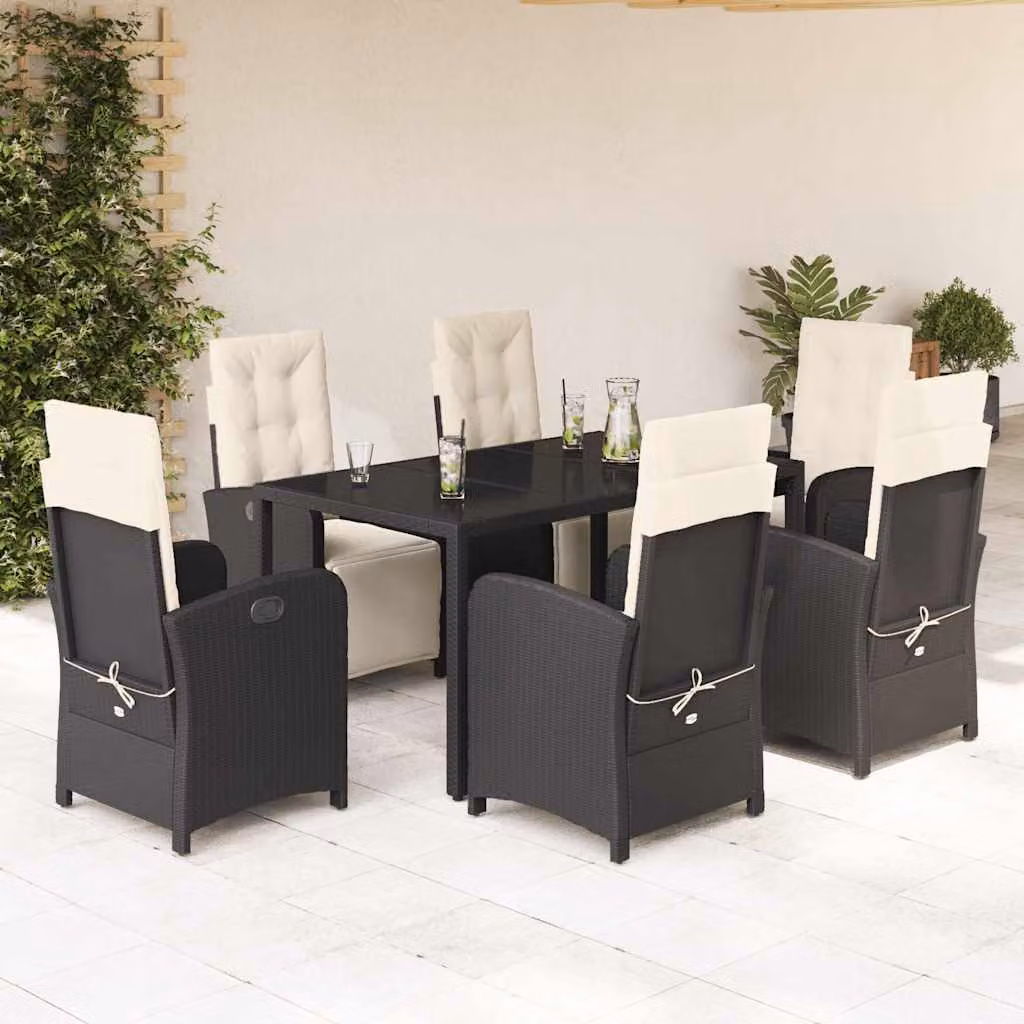Set da Pranzo da Giardino vidaXL 7 pz in Polyrattan Nero con Cuscini e Tavolo in Vetro – 1