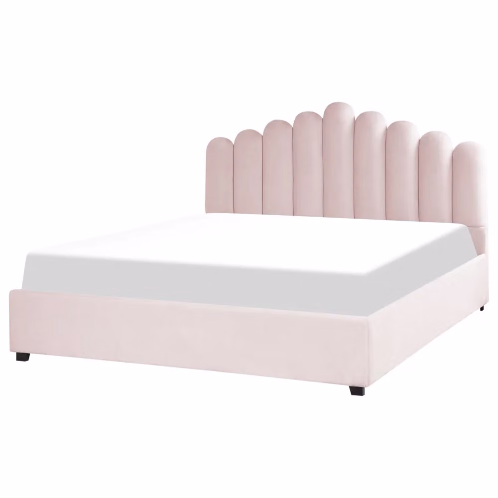 Letto contenitore matrimoniale Beliani in velluto rosa con testiera a conchiglia e rete a doghe L/P/H: 214 x 180 x 125 cm – 2