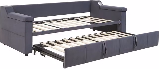 Letto matrimoniale moderno imbottito in tessuto grigio con porta USB, ripiani laterali e Bluetooth, L: 160 cm, P: 190 cm, H: 126 cm