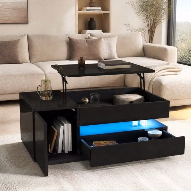 Tavolino basso alzabile Mivray con LED RGB, cassetto e vano chiuso in MDF nero lucido, L: 95 cm, P: 50 cm, H: 40 cm – 1