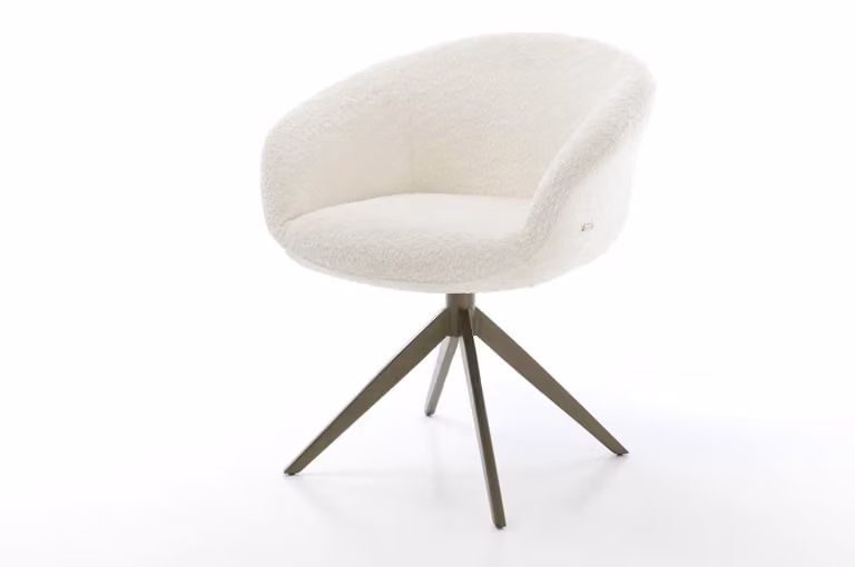 Sedia girevole DELIFE Vinka-Flex con braccioli, rivestita in tessuto bouclé bianco, struttura a croce, finitura effetto titanio, rotazione a 360°, funzione basculante, imbottitura in molle insacchettate
