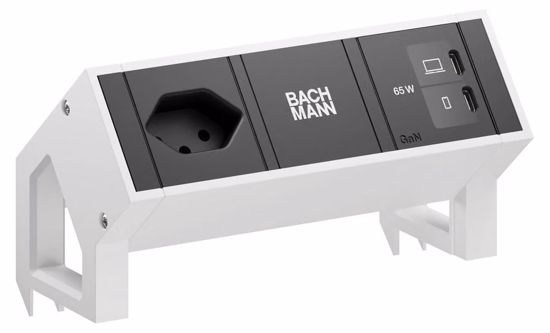 BACHMANN DESK2 1xCH 90° 1xUSB C/C 65 W, L=0,2 m RAL9010