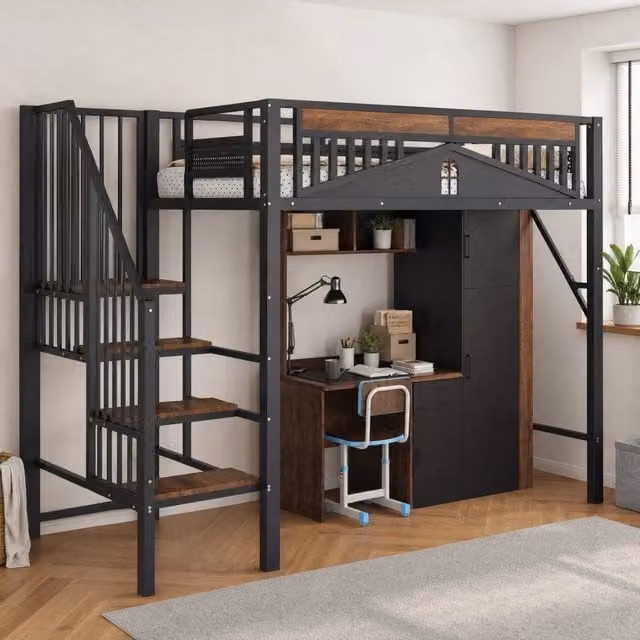 Letto a soppalco singolo REDOM in metallo e MDF nero con scala e scomparti laterali L/P/H: 200 x 90 x 170 cm