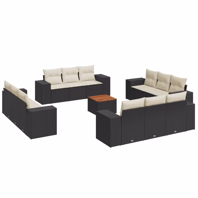 Set Divani da Giardino 13pz con Cuscini Nero in Polyrattan