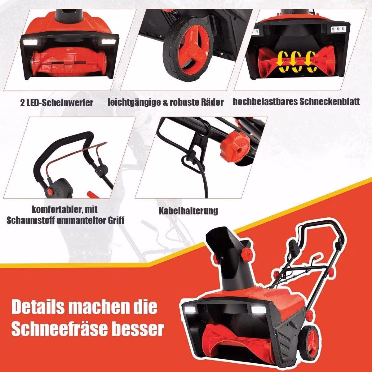 Spazzaneve elettrico con luci a LED e motore da 15 A, larghezza di lavoro 50 cm, altezza di lavoro 25 cm, rosso + nero
