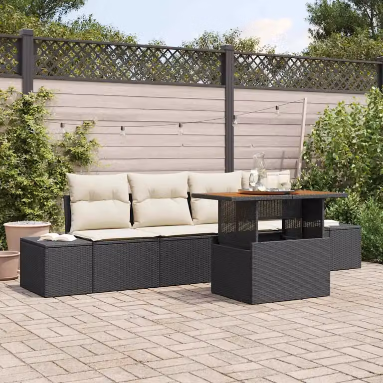 Set Divano da Giardino vidaXL 5 Pezzi in Polyrattan Nero con Cuscini e Contenitore per Archiviazione