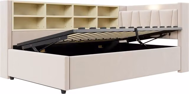 Letto imbottito multifunzione 90x200 cm con contenitore idraulico, luce notturna, porte USB e Type-C, rivestimento in velluto beige