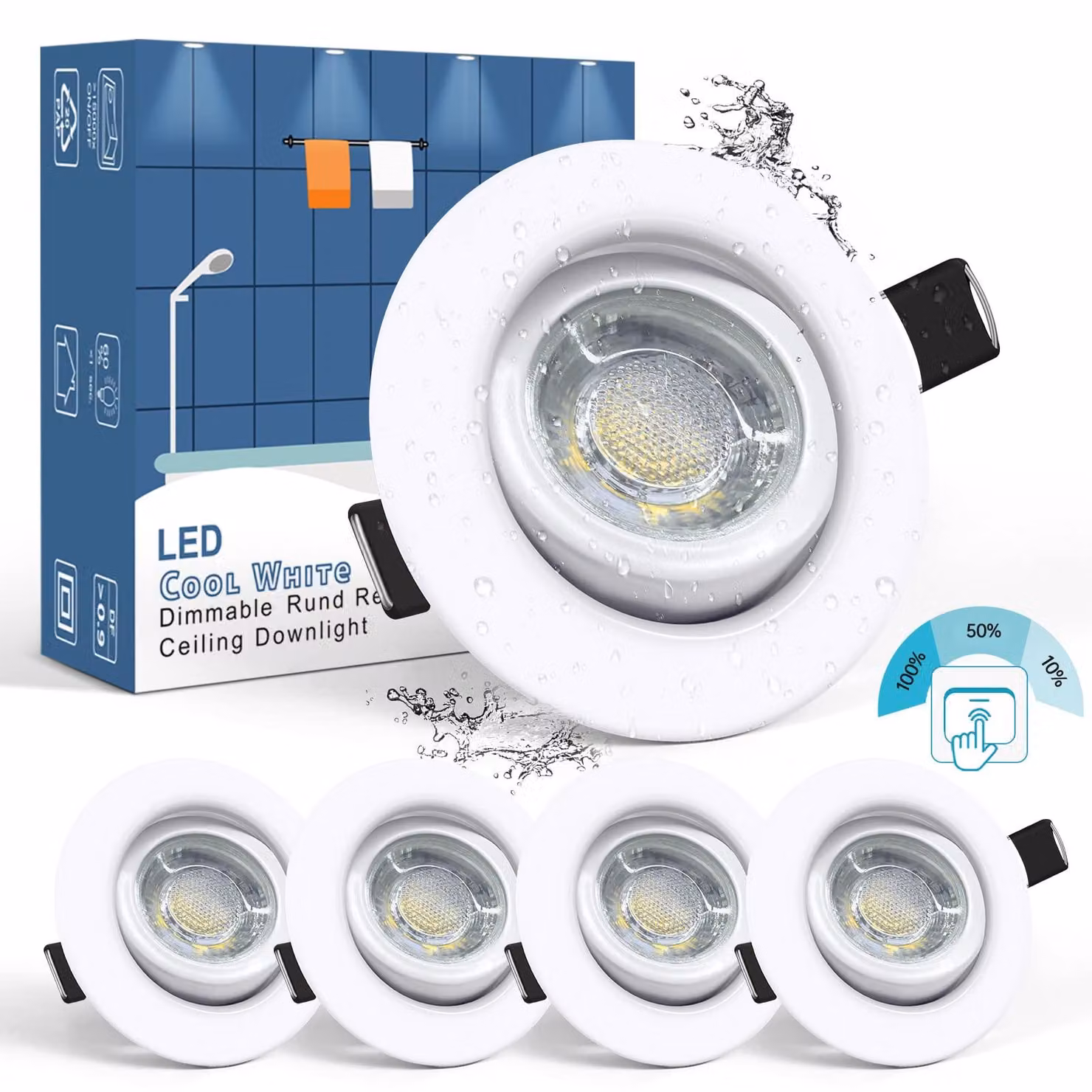 5 faretti LED da incasso, 230V, 7W, luce bianca fredda, dimmerabili, grado di protezione IP44