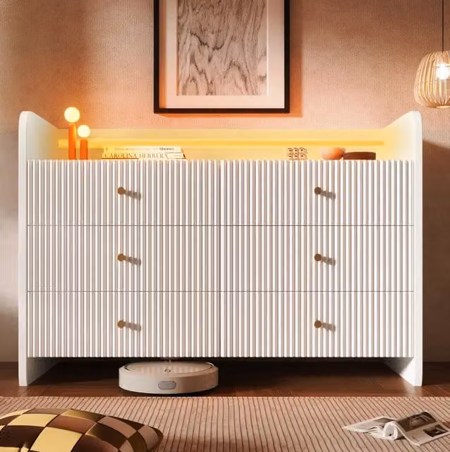 Credenza 120x40x75 cm con LED; 6 cassetti e vano a giorno in truciolare bianco