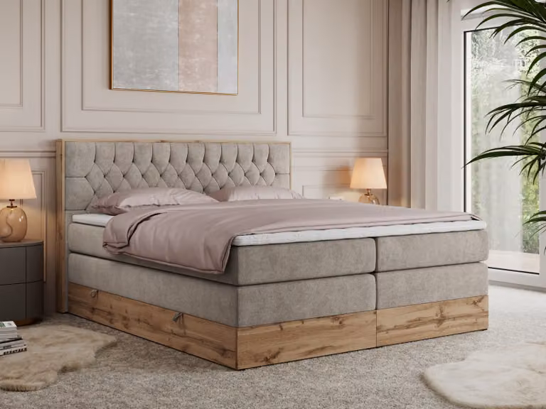 Letto continentale Boxspring AMORE KING con contenitore - 180x200 cm - Materasso H4 - Tessuto strutturato beige - Topper T25