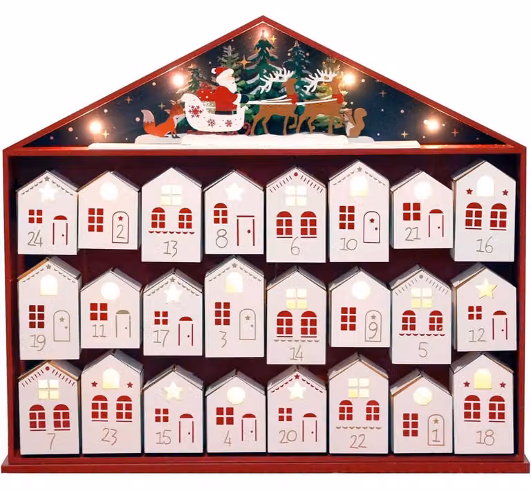 Calendario dell'Avvento in legno a forma di casa, con luci LED e 24 cassetti da riempire