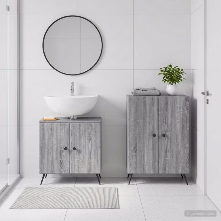 Set di mobili da bagno 2 pezzi vidaXL BREDA Sonoma in legno grigio opaco con mobile sottolavabo e colonna laterale