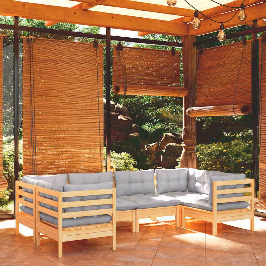 Set di divani da giardino vidaXL a forma di L in legno massello di pino con cuscini grigi