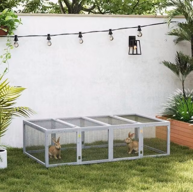 Recinto per piccoli animali ULEVR 181x100x48 cm in legno di abete grigio con rete metallica e 2 coperchi apribili