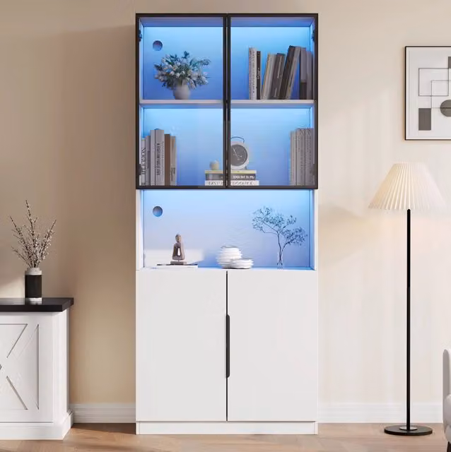 Vetrina bianca con ante in vetro e LED regolabile; 80 x 30 x 200 cm
