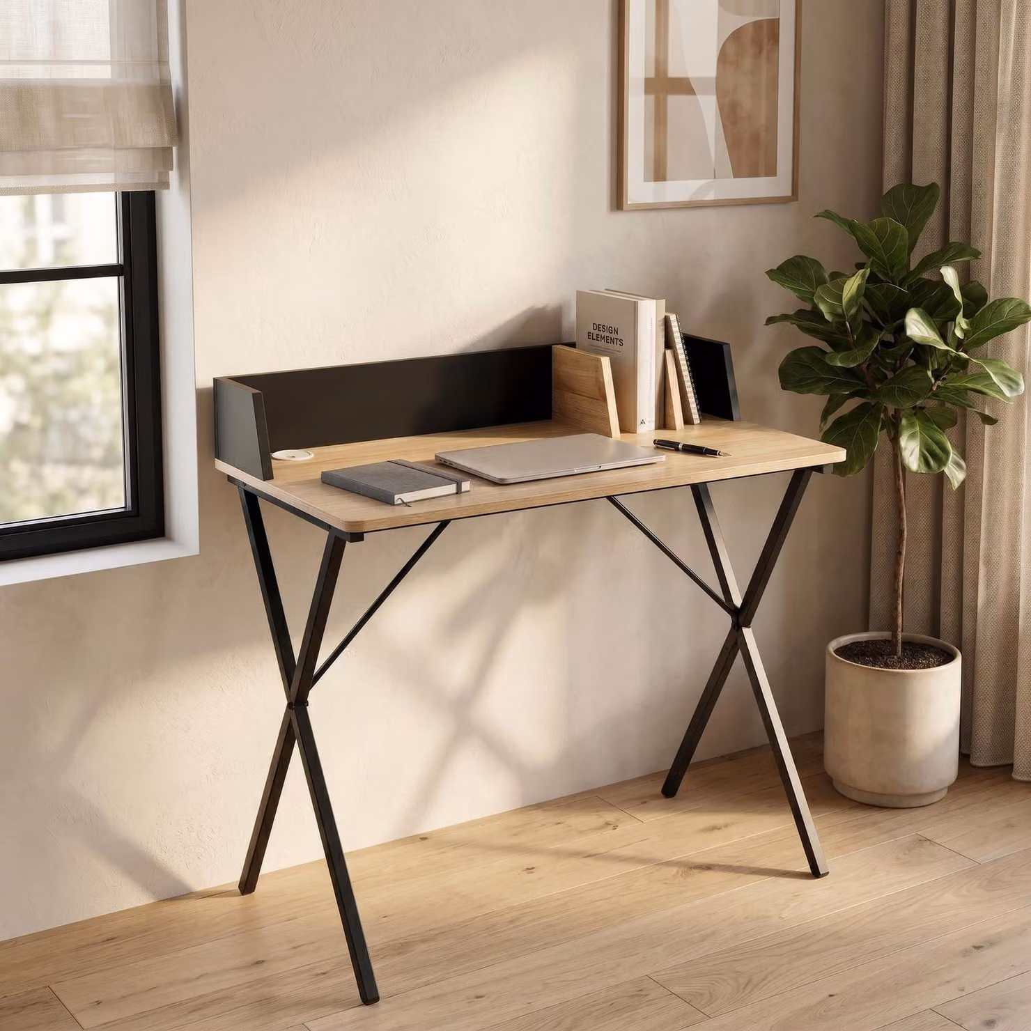 Scrivania "Kappespoo" con passacavo, dimensioni 84 x 80 x 50 cm, colore nero/effetto legno di quercia